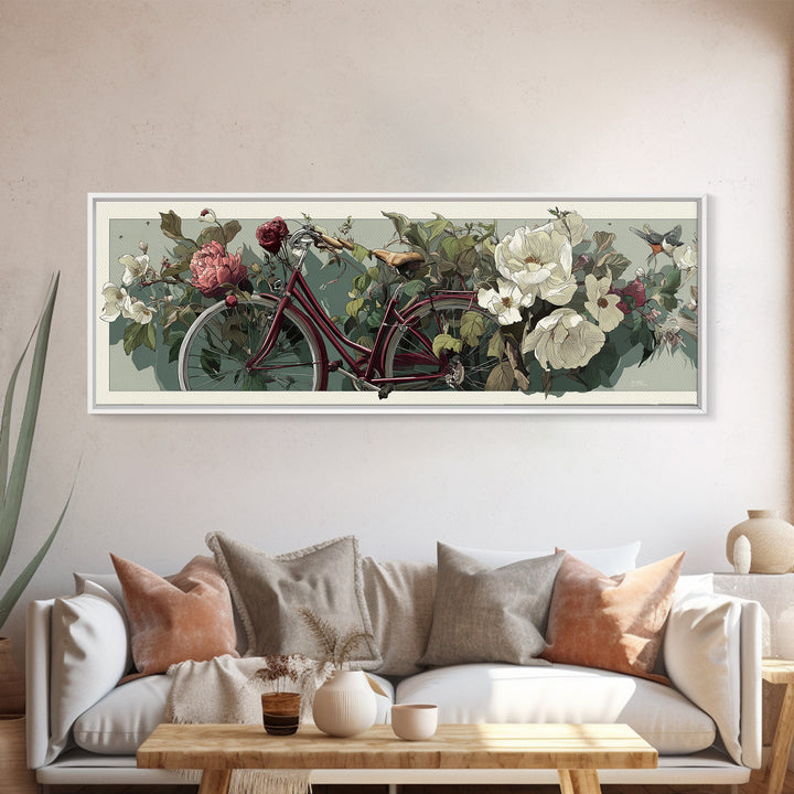 Bicycle Locked to Post Framed Canvas Print, Urban Art, Textured Wall Art, Living Room Decor, Watercolor Art, Urban, URB-3x1-79