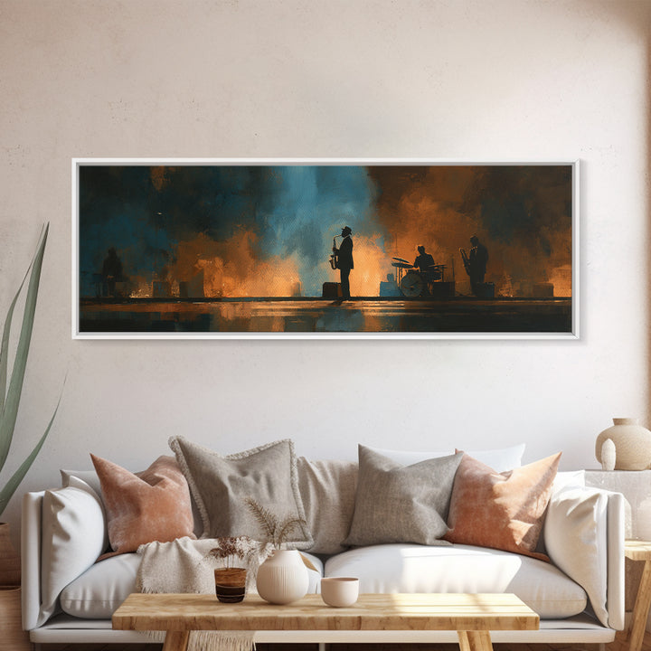Urban Jazz Musician Silhouette Canvas Print, Urban Art, Poster, Living Room Decor, Urban, Modern Wall Art, Black Wall Art, URB-3x1-80