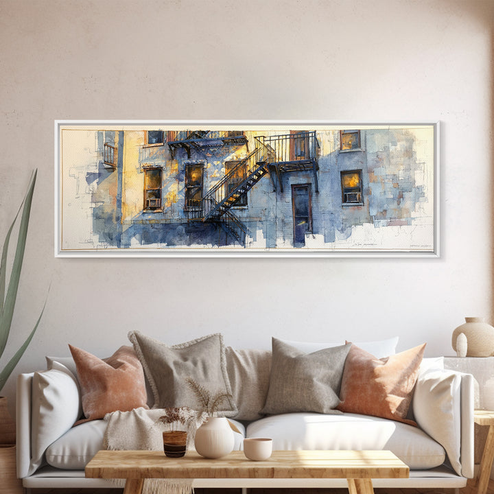Fire Escape Silhouette Framed Canvas Print, Urban Art, Book Shelf Decor, Living Room Decor, Fine Art, Urban, Modern Decor, URB-3x1-90