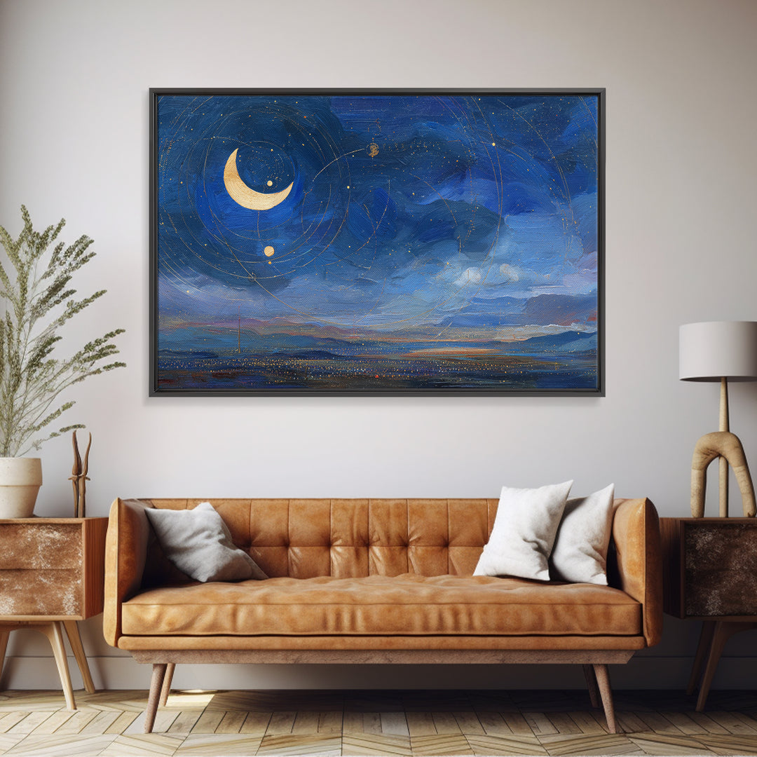 Night Skyline under Crescent Moon Framed Canvas Print, Urban Art, Fine Art Print, Living Room Decor, Abstract Art, Urban, URB-3x2-100