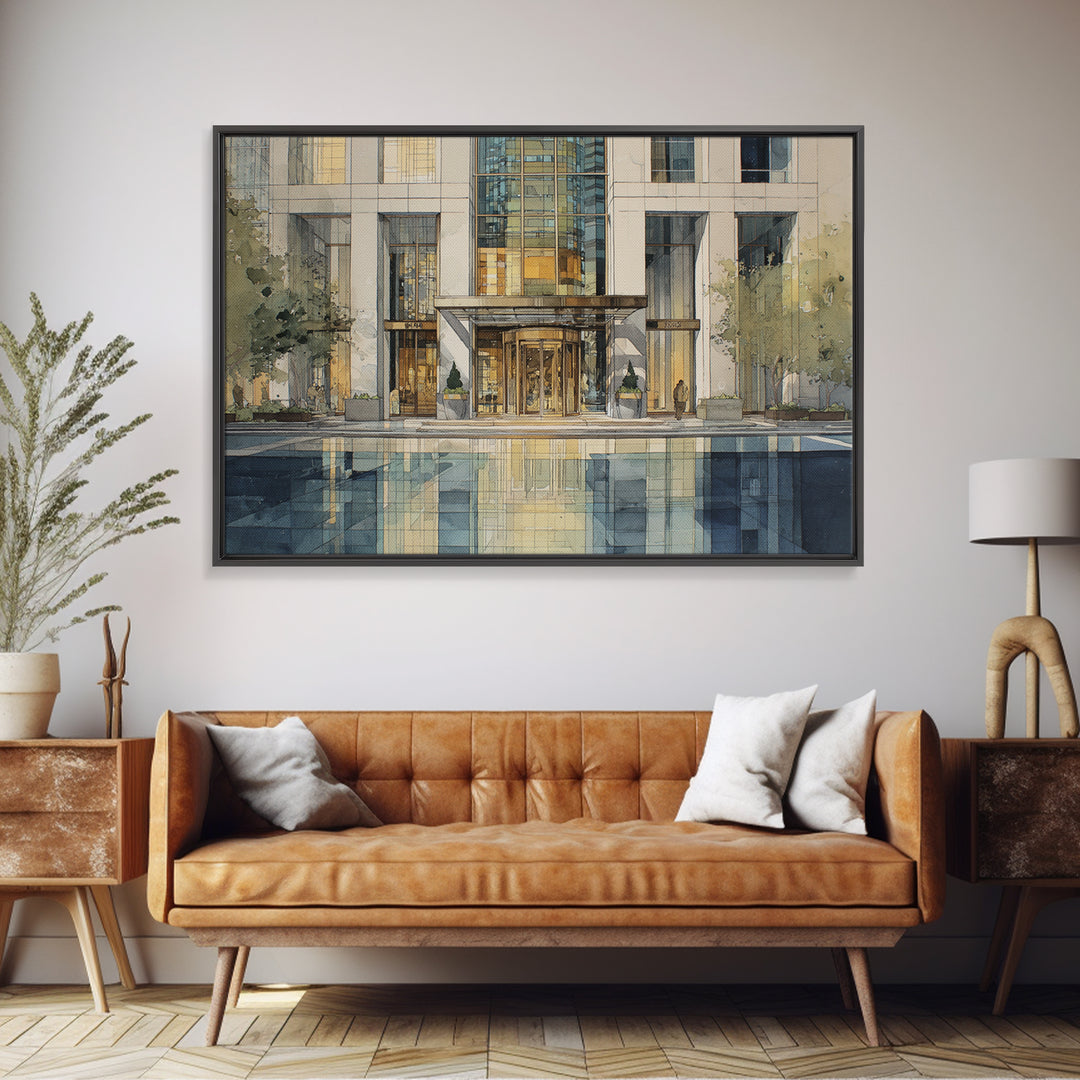 Modern Skyscraper Glass Reflections Framed Canvas Print, Urban Art, Art Deco, Living Room Decor, Urban, Book Shelf Decor, URB-3x2-18