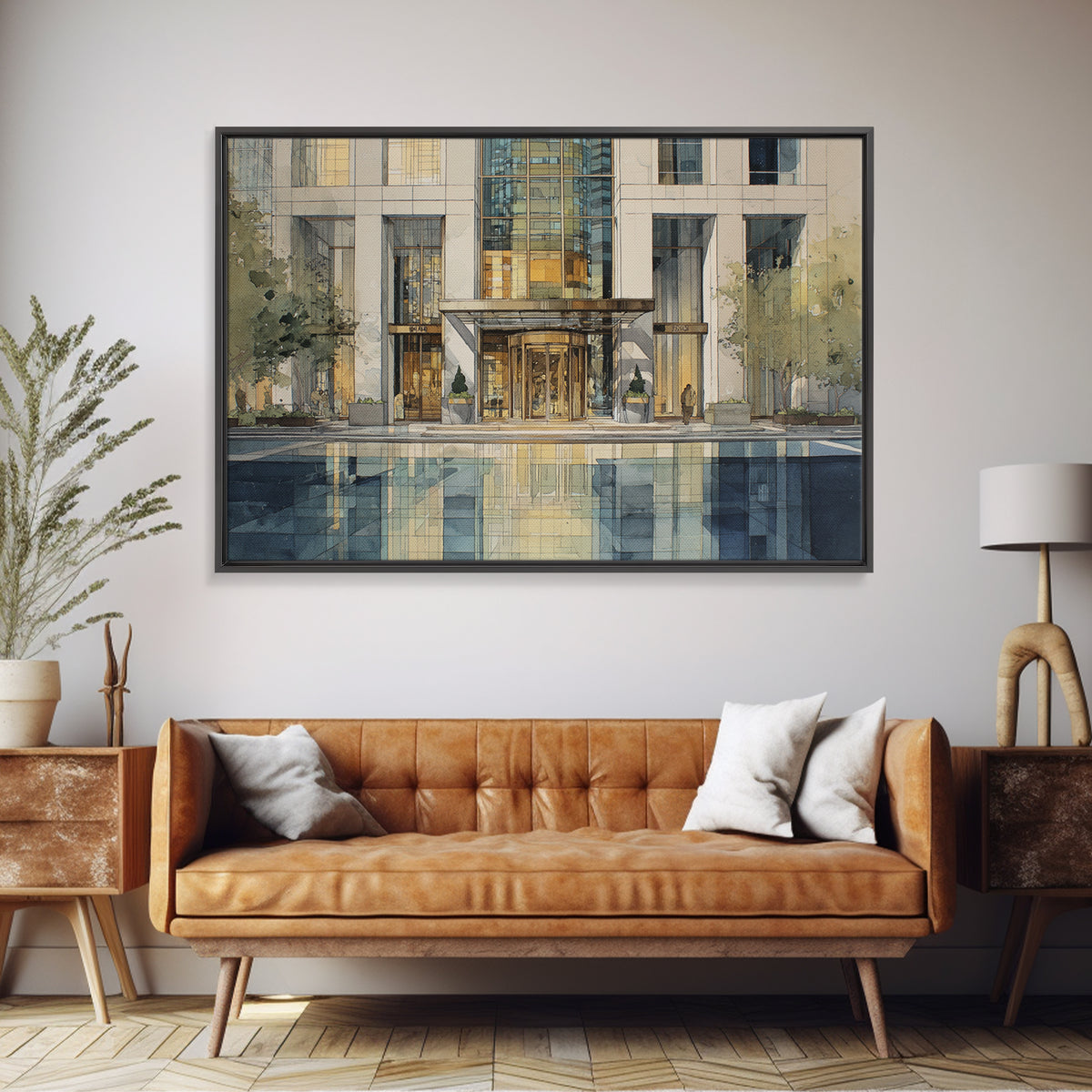 Modern Skyscraper Glass Reflections Framed Canvas Print, Urban Art, Art Deco, Living Room Decor, Urban, Book Shelf Decor, URB-3x2-18