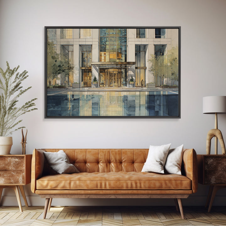 Modern Skyscraper Glass Reflections Framed Canvas Print, Urban Art, Art Deco, Living Room Decor, Urban, Book Shelf Decor, URB-3x2-18