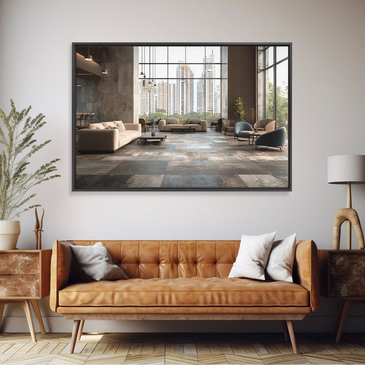 Moody City Skyline Reflected Framed Canvas Print, Urban Art, Black Art Prints, Living Room Decor, Urban, Neutral Decor, URB-3x2-5