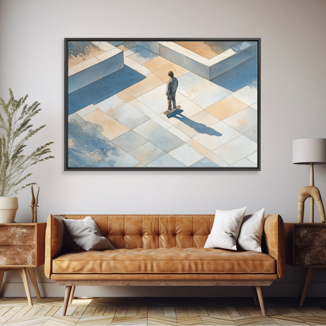 Skateboarder Crossing a Concrete Plaza Framed Canvas Print, Urban Art, Art Print, Living Room Decor, Oil Painting, Urban, URB-3x2-59