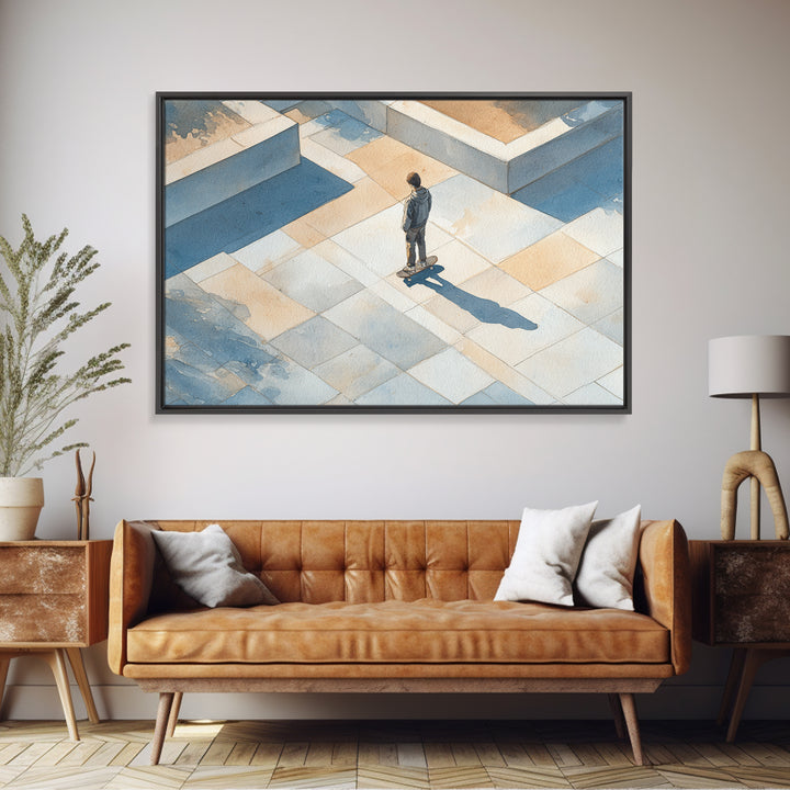 Skateboarder Crossing a Concrete Plaza Framed Canvas Print, Urban Art, Art Print, Living Room Decor, Oil Painting, Urban, URB-3x2-59