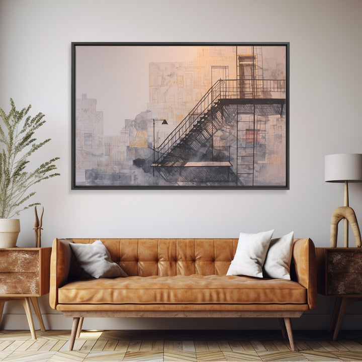 Fire Escape Silhouette Framed Canvas Print, Urban Art, Textured Wall Art, Living Room Decor, Urban, Digital Download Art, URB-3x2-6
