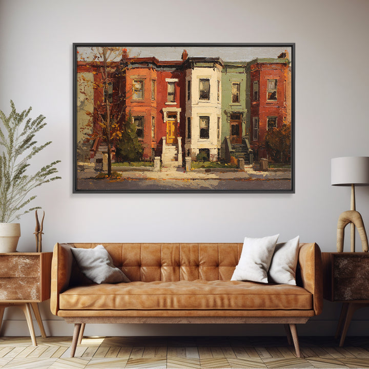 Brownstone Row in Soft Morning Light Framed Canvas Print, Urban Art, Gallery Decor, Living Room Decor, Abstract Art, Urban, URB-3x2-64