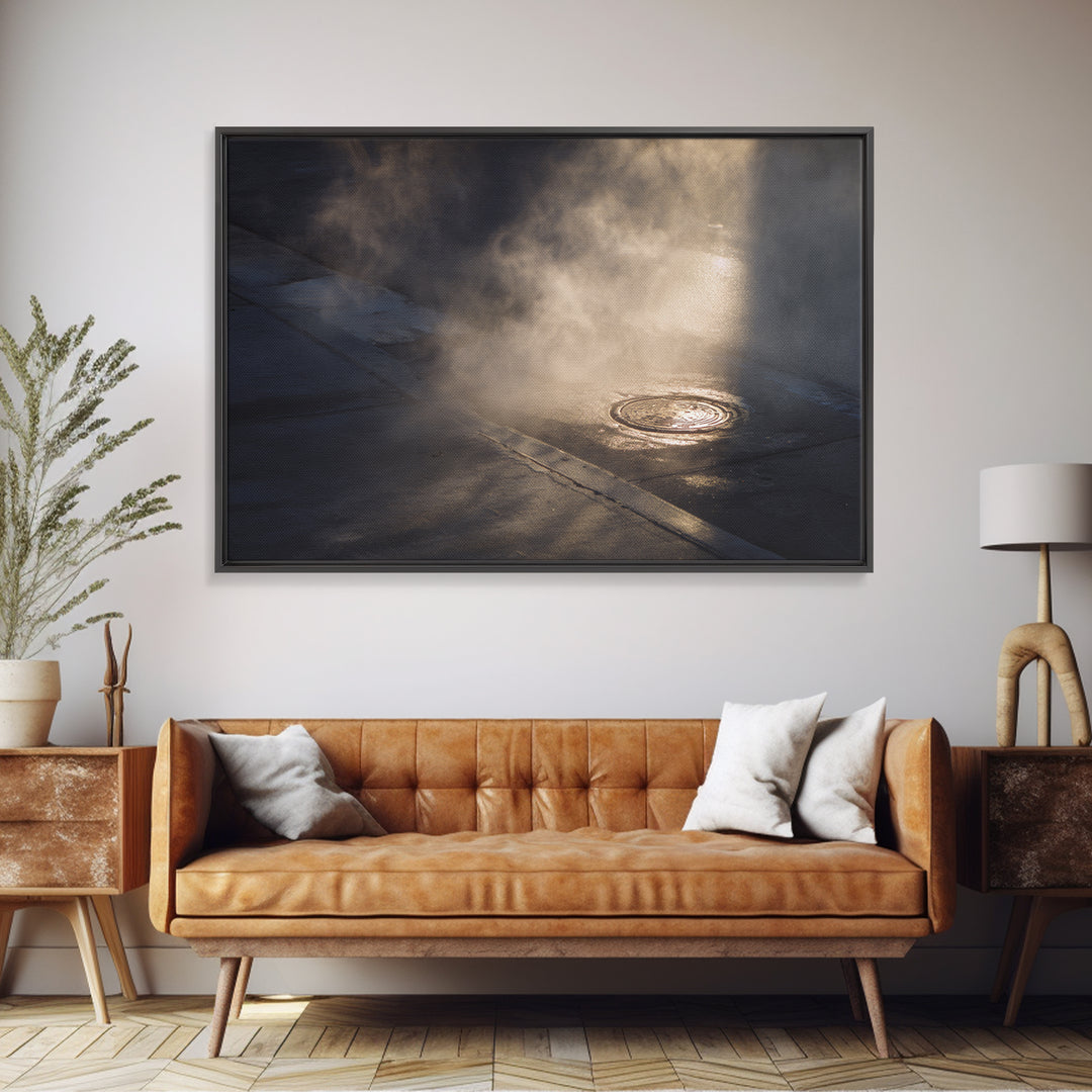 Open Manhole Steam Framed Canvas Print, Urban Art, Digital Download Art, Living Room Decor, Fine Art, Urban, Boho Decor, URB-3x2-69