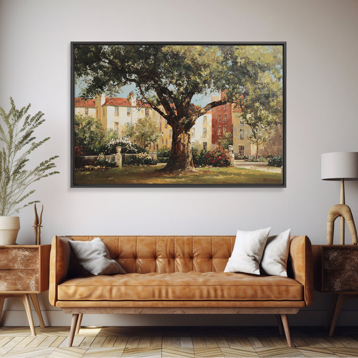 City Park Tree Framed by Buildings Framed Canvas Print, Urban Art, Modern Wall Art, Living Room Decor, Fine Art, Urban, URB-3x2-70