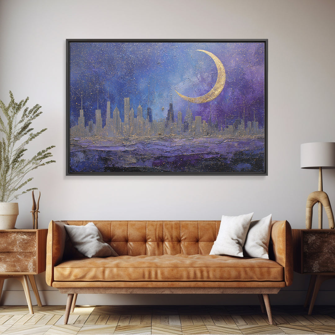 Night Skyline under Crescent Moon Canvas Print, Urban Art, Basketball Wall Art, Living Room Decor, Abstract Art, Urban, URB-3x2-76
