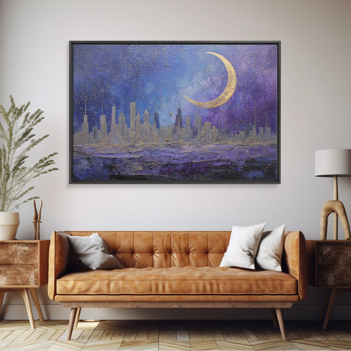 Night Skyline under Crescent Moon Canvas Print, Urban Art, Basketball Wall Art, Living Room Decor, Abstract Art, Urban, URB-3x2-76