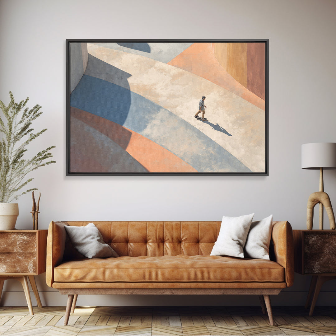 Skateboarder Crossing a Concrete Plaza Canvas Print, Urban Art, Wall Art, Living Room Decor, Fine Art, Urban, Digital Print, URB-3x2-83