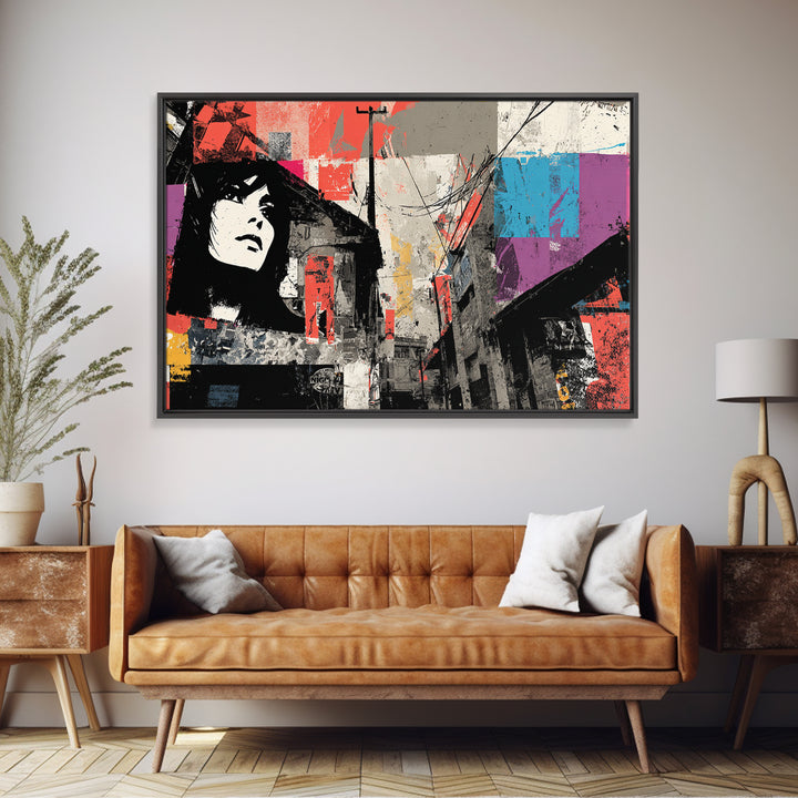 Graffiti Covered Alley Rendered as Color Collage Framed Canvas Print, Urban Art, Fine Art Print, Living Room Decor, Urban, URB-3x2-87