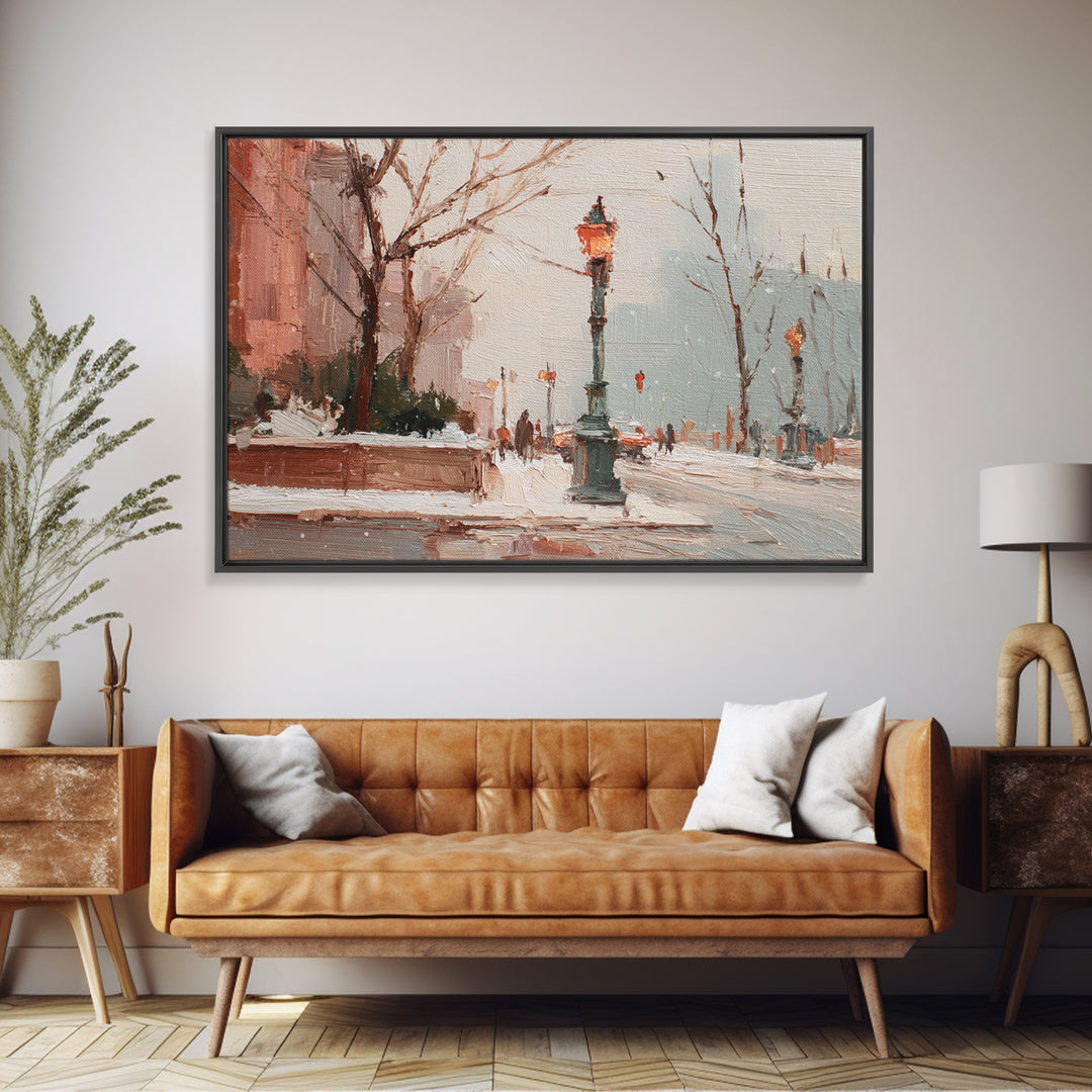 Streetlamp and Falling Snow Canvas Print, Urban Art, Basketball Wall Art, Living Room Decor, Oil Painting, Urban, URB-3x2-89