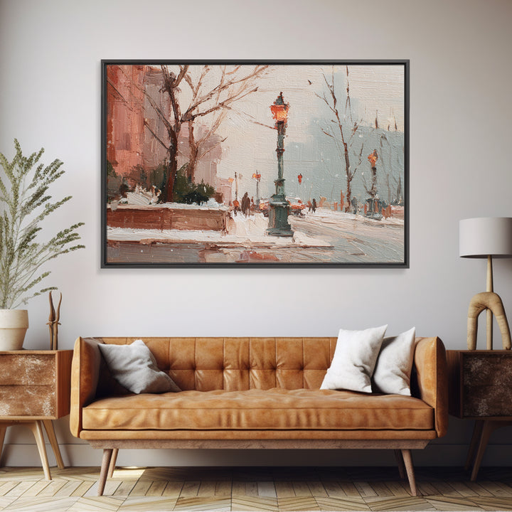 Streetlamp and Falling Snow Canvas Print, Urban Art, Basketball Wall Art, Living Room Decor, Oil Painting, Urban, URB-3x2-89
