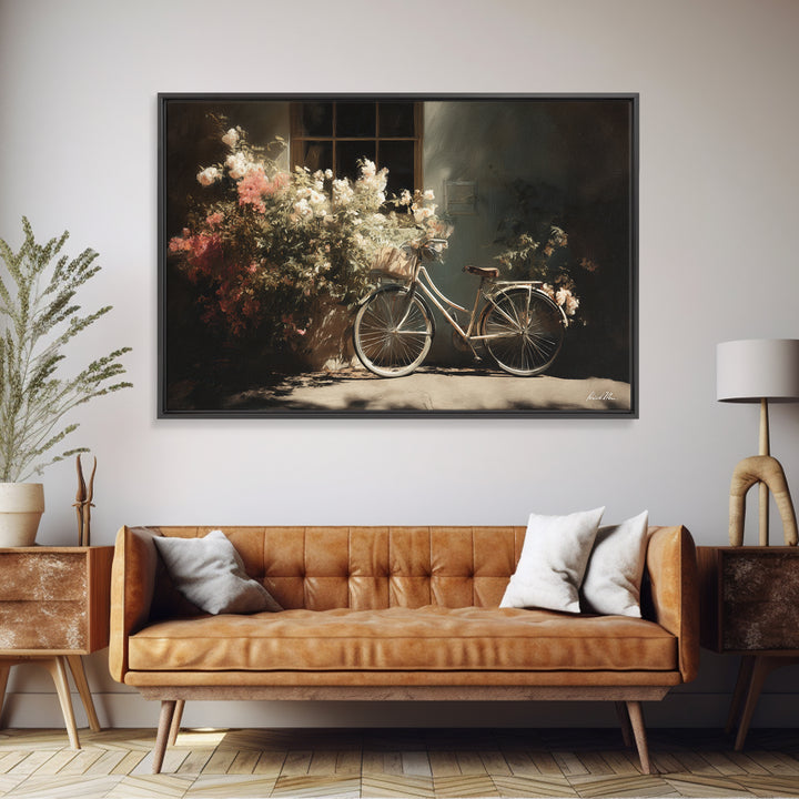 Bicycle Locked to Post Framed Canvas Print, Urban Art, Poster, Living Room Decor, Watercolor Art, Urban, Modern Wall Art, URB-3x2-91