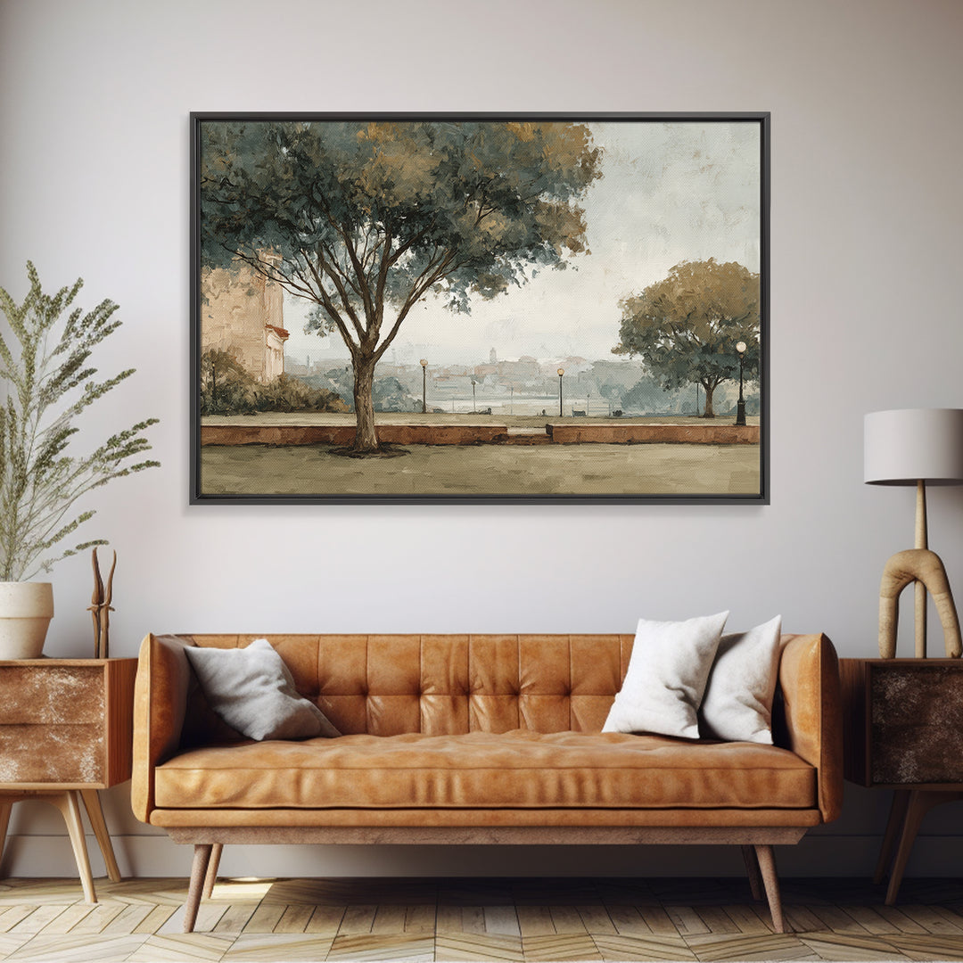 City Park Tree Framed by Buildings Canvas Print, Urban Art, Book Shelf Decor, Living Room Decor, Abstract Art, Urban, URB-3x2-94