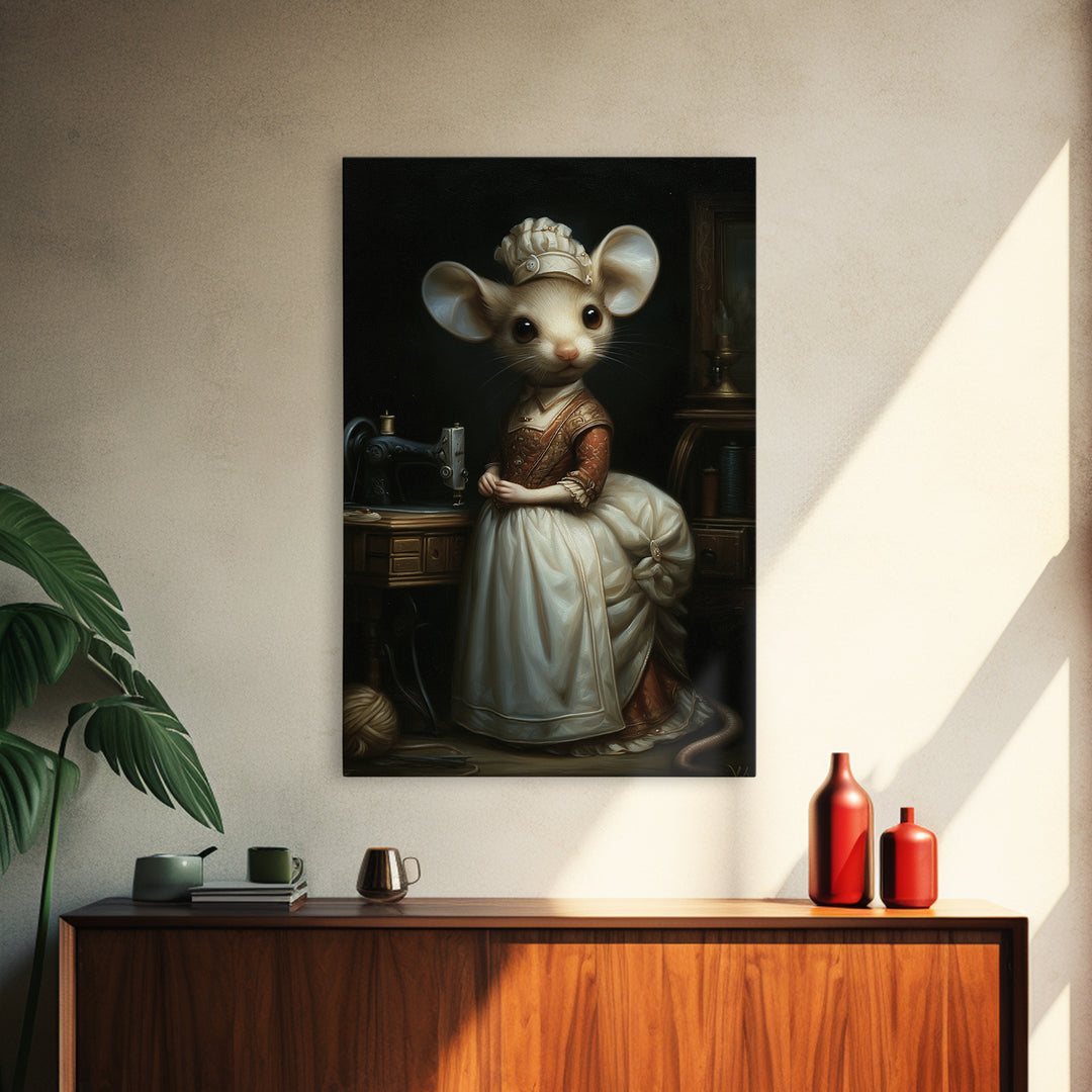 Mouse Seamstress, Victorian Animal Portrait, Halloween Art, Gothic Whimsy Decor, Anthropomorphic Costume Art