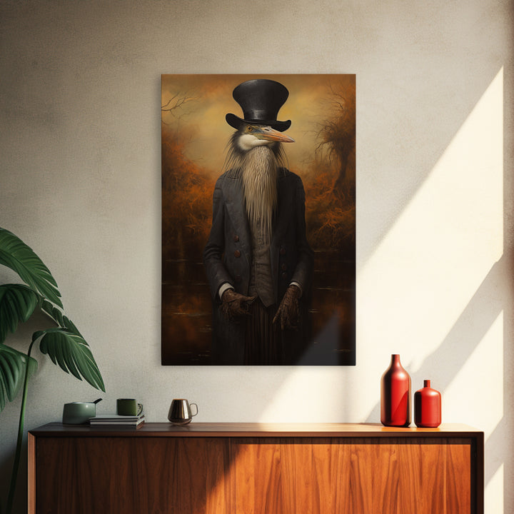 Heron Naturalist, Victorian Animal Portrait, Halloween Art, Gothic Whimsy Decor, Anthropomorphic Costume Art