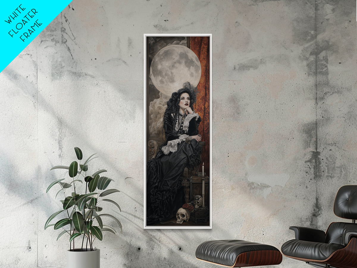 The Moonlit Witch, Dark Academia Wall Art, Tall Narrow Wall Art, Canvas Print, Gothic Wall Decor, Halloween Portrait Art