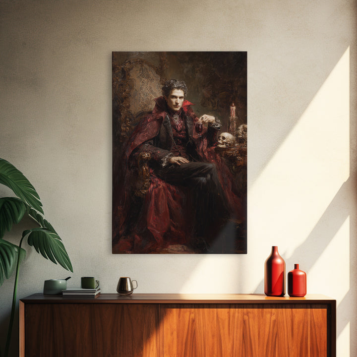 The Crimson Vampire, Victorian Horror Portrait, Vertical Wall Art, Framed Canvas Print, Gothic Wall Decor, Halloween Portrait Art