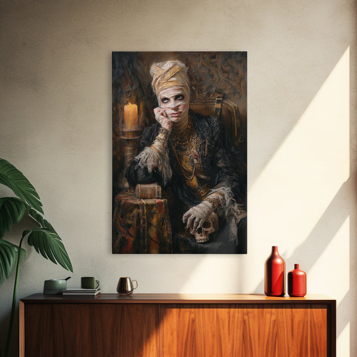 The Mummy Pharaoh, Antique Gothic Portrait, Vertical Wall Art, Framed Canvas Print, Gothic Wall Decor, Halloween Portrait Art