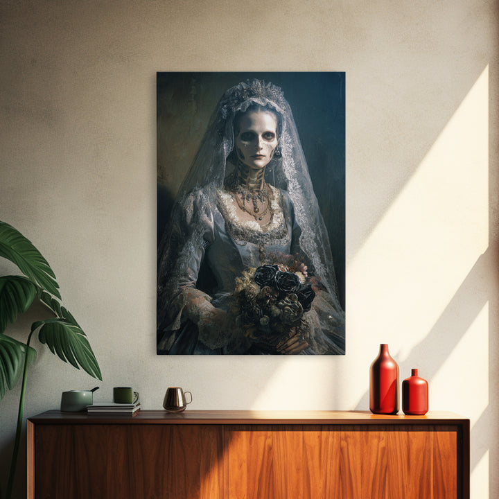 The Skeletal Bride, Dark Academia Wall Art, Vertical Wall Art, Framed Canvas Print, Gothic Wall Decor, Halloween Portrait Art