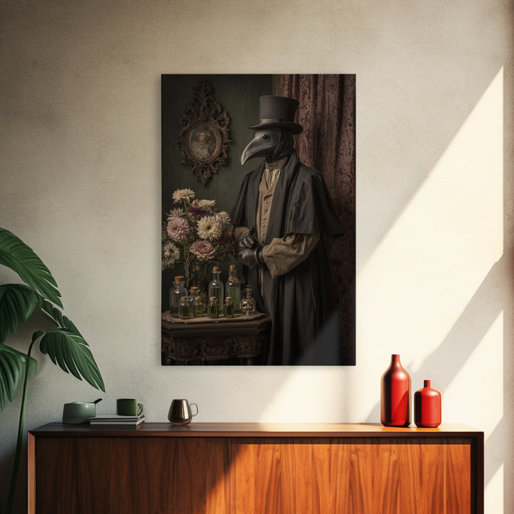The Plague Doctor, Macabre Victorian Decor, Vertical Wall Art, Framed Canvas Print, Gothic Wall Decor, Halloween Portrait Art