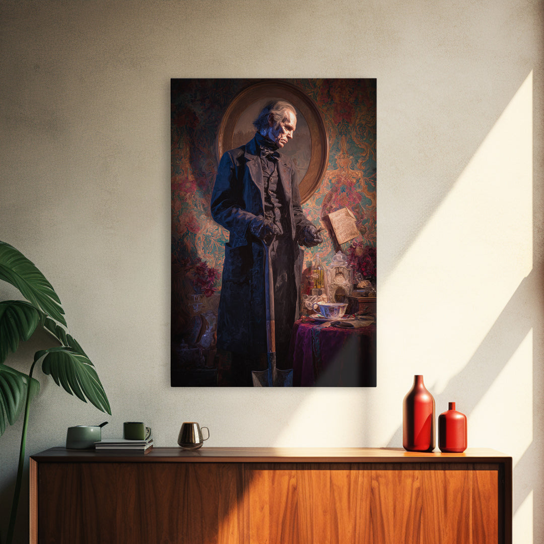 The Lantern Gravedigger, Antique Gothic Portrait, Vertical Wall Art, Canvas Print, Gothic Wall Decor, Halloween Portrait Art