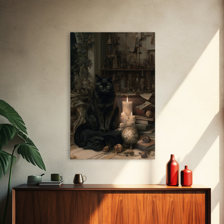 The Black Cat Familiar, Antique Gothic Portrait, Vertical Wall Art, Framed Canvas Print, Gothic Wall Decor, Halloween Portrait Art