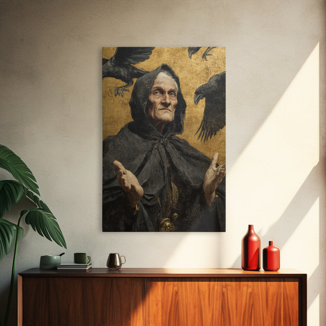 The Raven Keeper, Antique Gothic Portrait, Vertical Wall Art, Framed Canvas Print, Gothic Wall Decor, Halloween Portrait Art