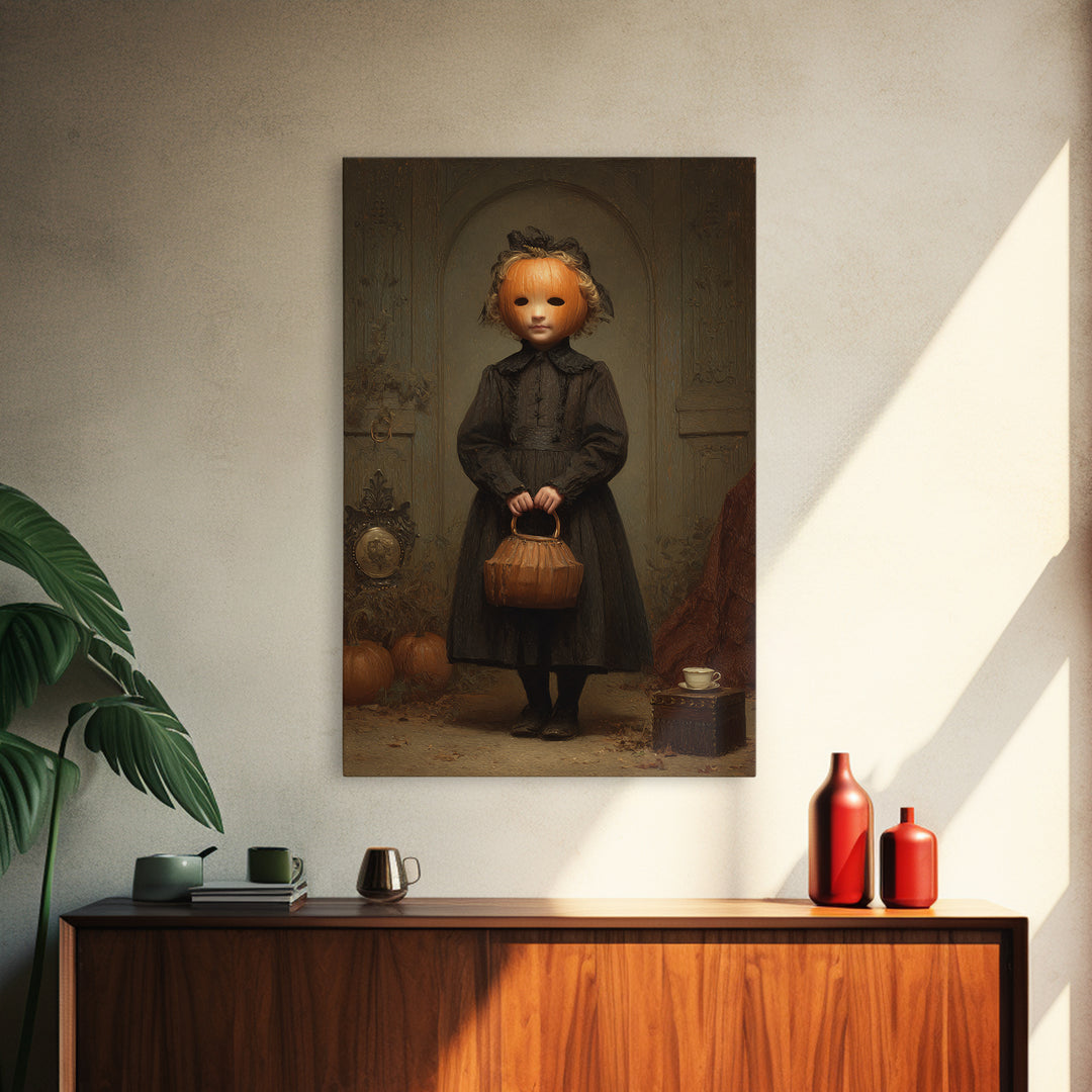 The Pumpkin-Headed Child, Dark Academia Wall Art, Vertical Wall Art, Canvas Print, Gothic Wall Decor, Halloween Portrait Art