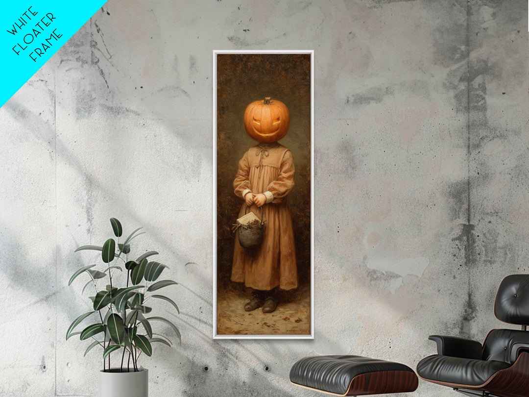 The Pumpkin-Headed Child, Victorian Gothic Art, Tall Narrow Wall Art, Framed Canvas Print, Gothic Wall Decor, Halloween Portrait Art