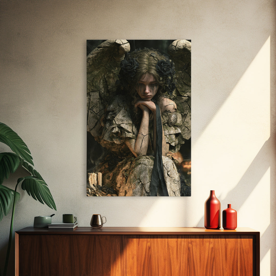 The Weeping Cemetery Angel, Macabre Victorian Decor, Vertical Wall Art, Canvas Print, Gothic Wall Decor, Halloween Portrait Art