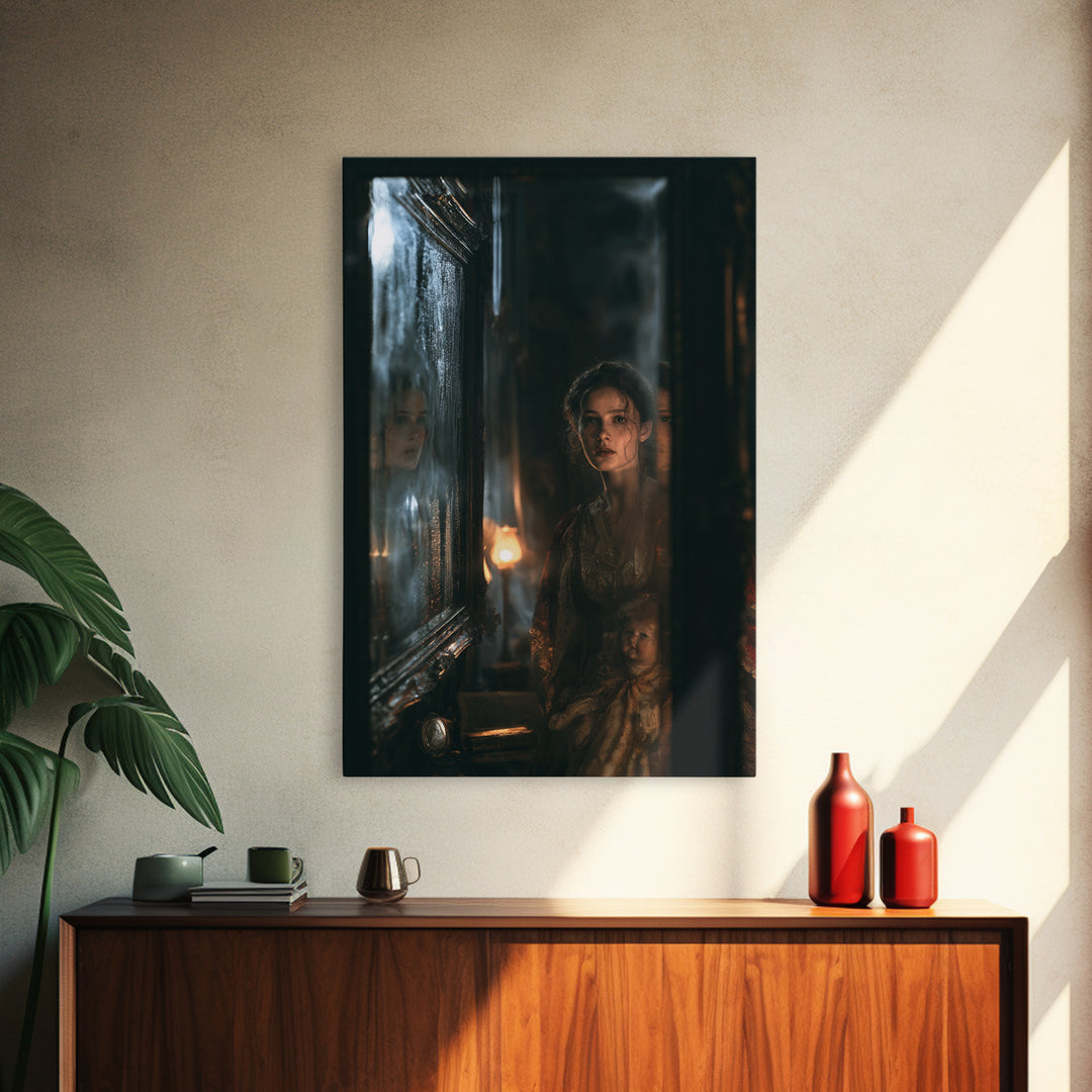 The Mirror Spirit, Dark Academia Wall Art, Vertical Wall Art, Canvas Print, Gothic Wall Decor, Halloween Portrait Art, Halloween Wall Art