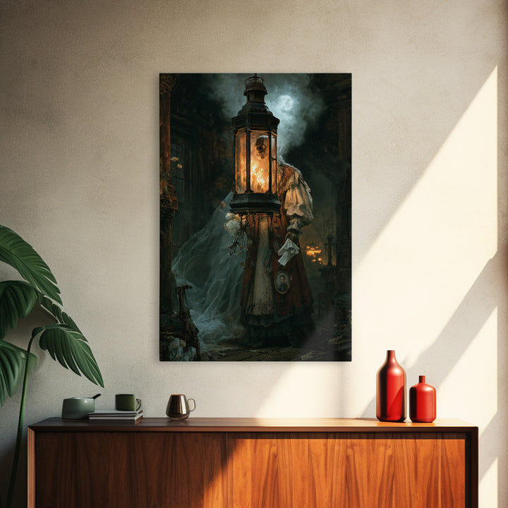 The Lantern Specter, Victorian Horror Portrait, Vertical Wall Art, Canvas Print, Gothic Wall Decor, Halloween Portrait Art, Dark Fantasy Art