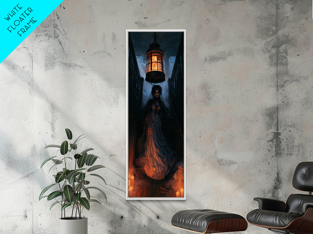 The Lantern Specter, Dark Academia Wall Art, Tall Narrow Wall Art, Framed Canvas Print, Gothic Wall Decor, Halloween Portrait Art