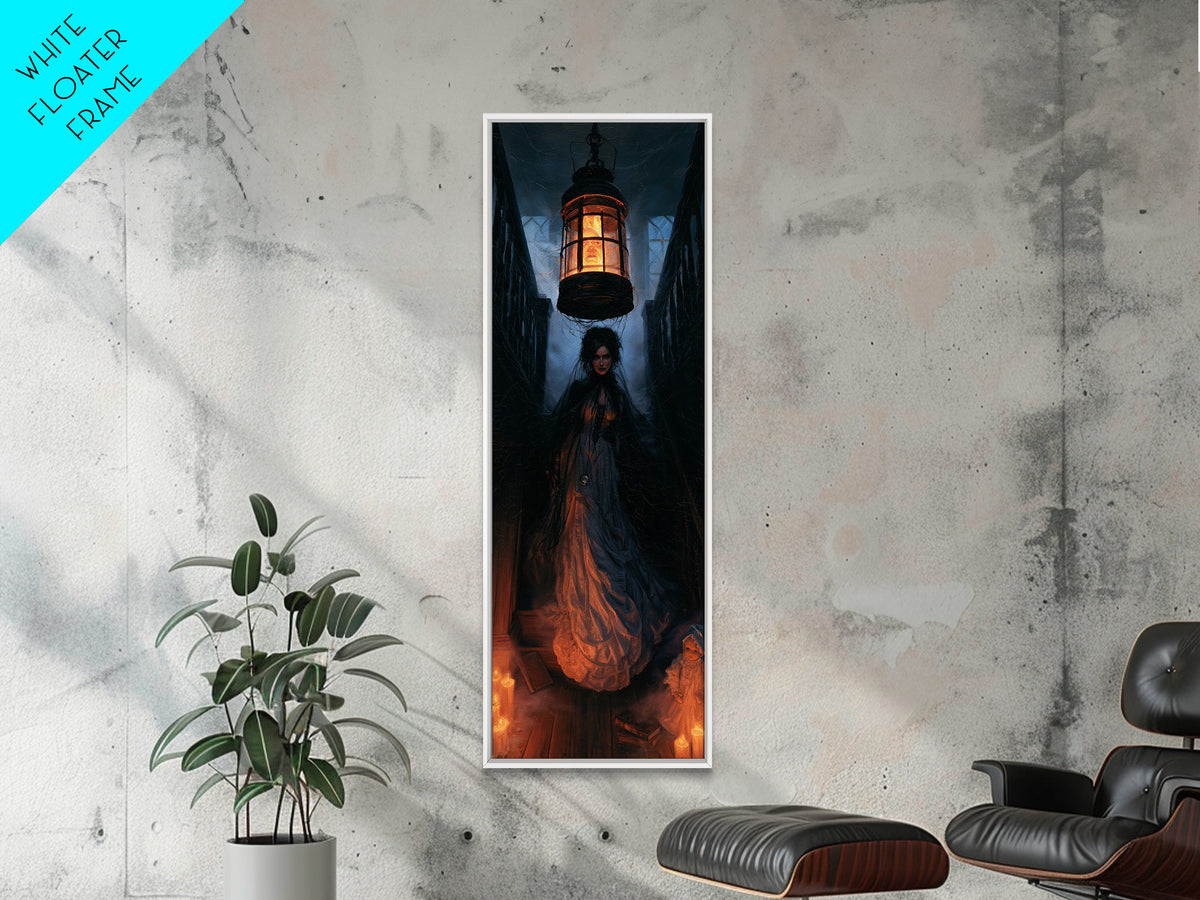 The Lantern Specter, Dark Academia Wall Art, Tall Narrow Wall Art, Framed Canvas Print, Gothic Wall Decor, Halloween Portrait Art