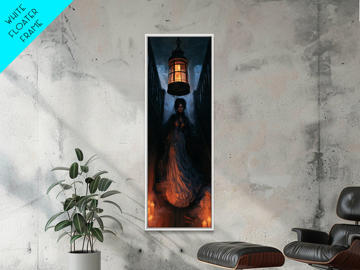 The Lantern Specter, Dark Academia Wall Art, Tall Narrow Wall Art, Framed Canvas Print, Gothic Wall Decor, Halloween Portrait Art
