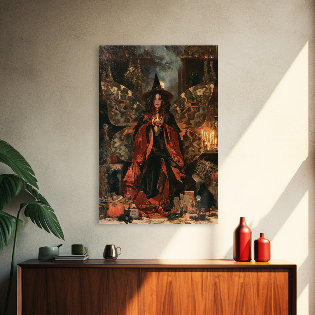 The Velvet Moth Witch, Macabre Victorian Decor, Vertical Wall Art, Framed Canvas Print, Gothic Wall Decor, Halloween Portrait Art