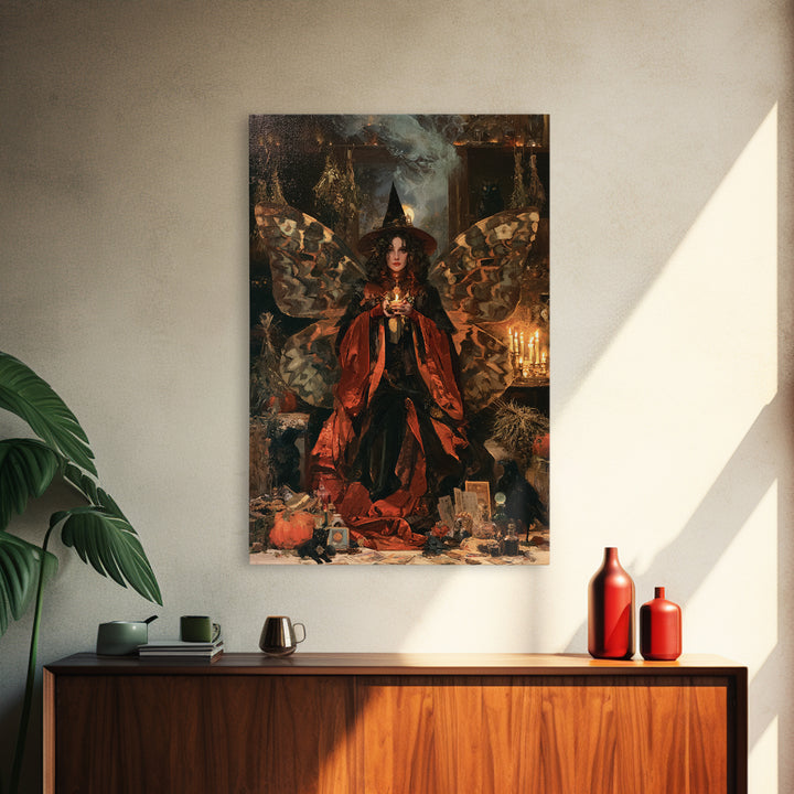 The Velvet Moth Witch, Macabre Victorian Decor, Vertical Wall Art, Framed Canvas Print, Gothic Wall Decor, Halloween Portrait Art