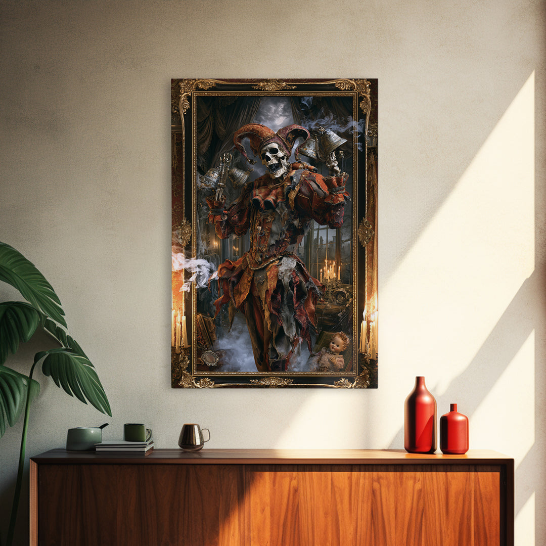 The Phantom Jester, Victorian Gothic Art, Vertical Wall Art, Framed Canvas Print, Gothic Wall Decor, Halloween Portrait Art