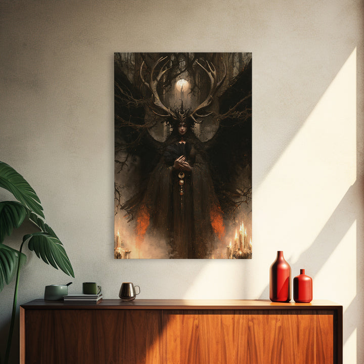 The Antlered Forest Spirit, Macabre Victorian Decor, Vertical Wall Art, Framed Canvas Print, Gothic Wall Decor, Halloween Portrait Art