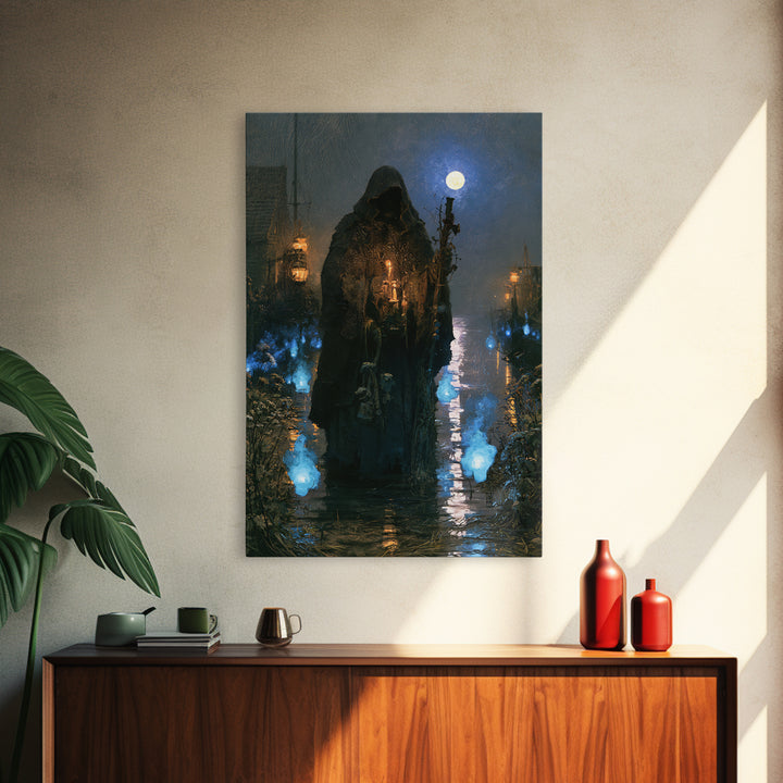 The Will-O'-The-Wisp Shepherd, Victorian Horror Portrait, Vertical Wall Art, Framed Canvas Print, Gothic Wall Decor, Halloween Portrait Art