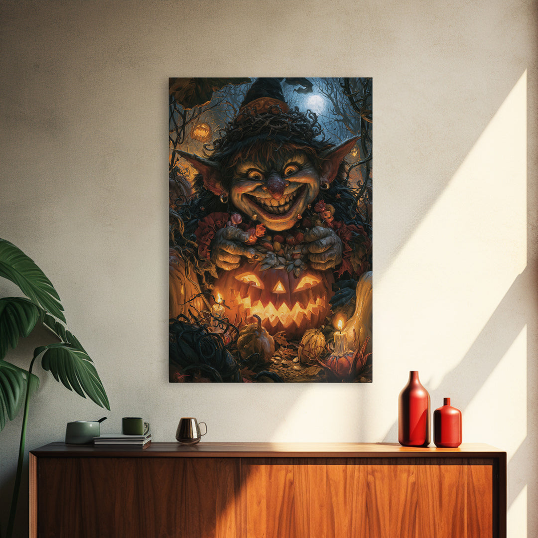 The Pumpkin Patch Goblin, Dark Academia Wall Art, Vertical Wall Art, Canvas Print, Gothic Wall Decor, Halloween Portrait Art