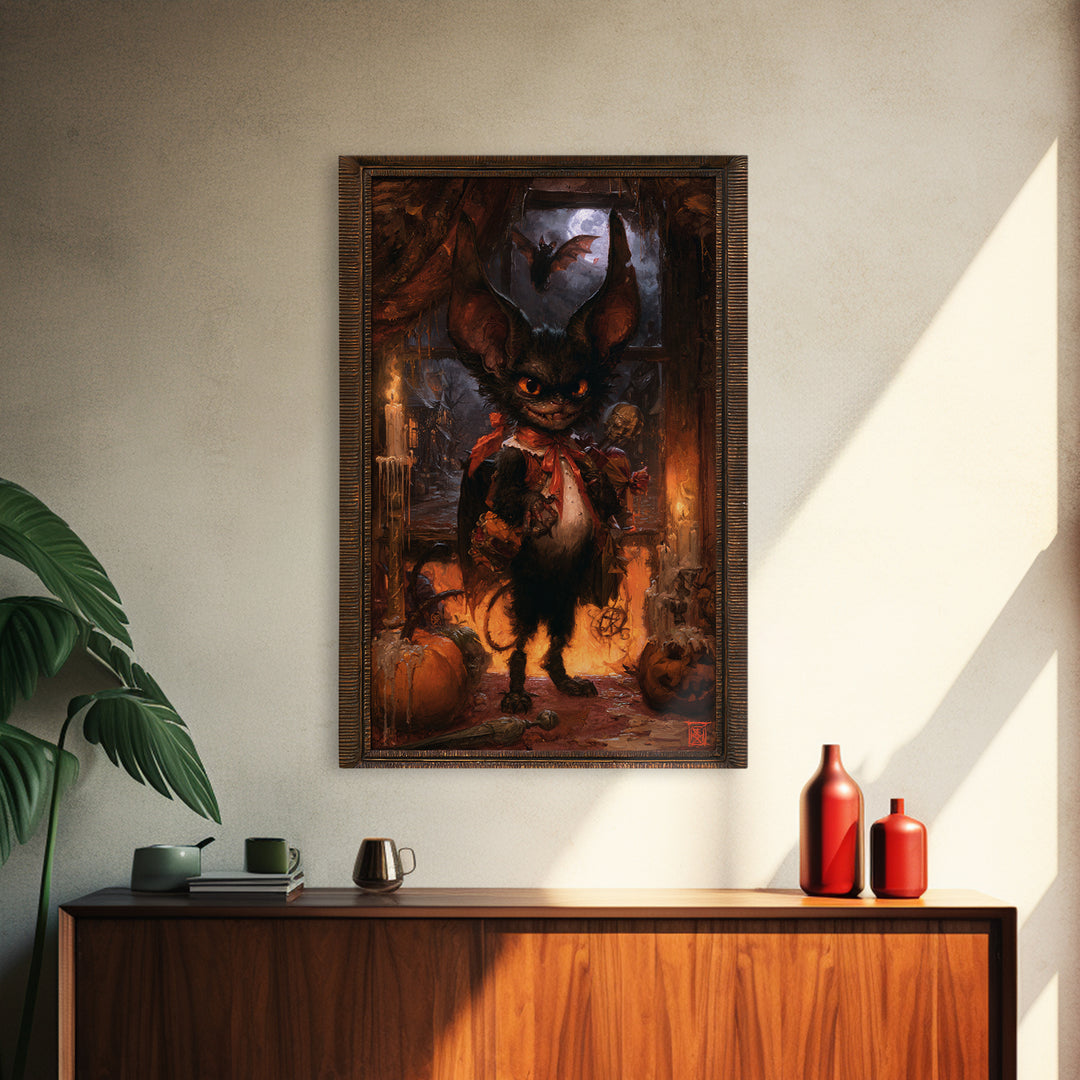 The Bat-Winged Imp, Dark Academia Wall Art, Vertical Wall Art, Framed Canvas Print, Gothic Wall Decor, Halloween Portrait Art