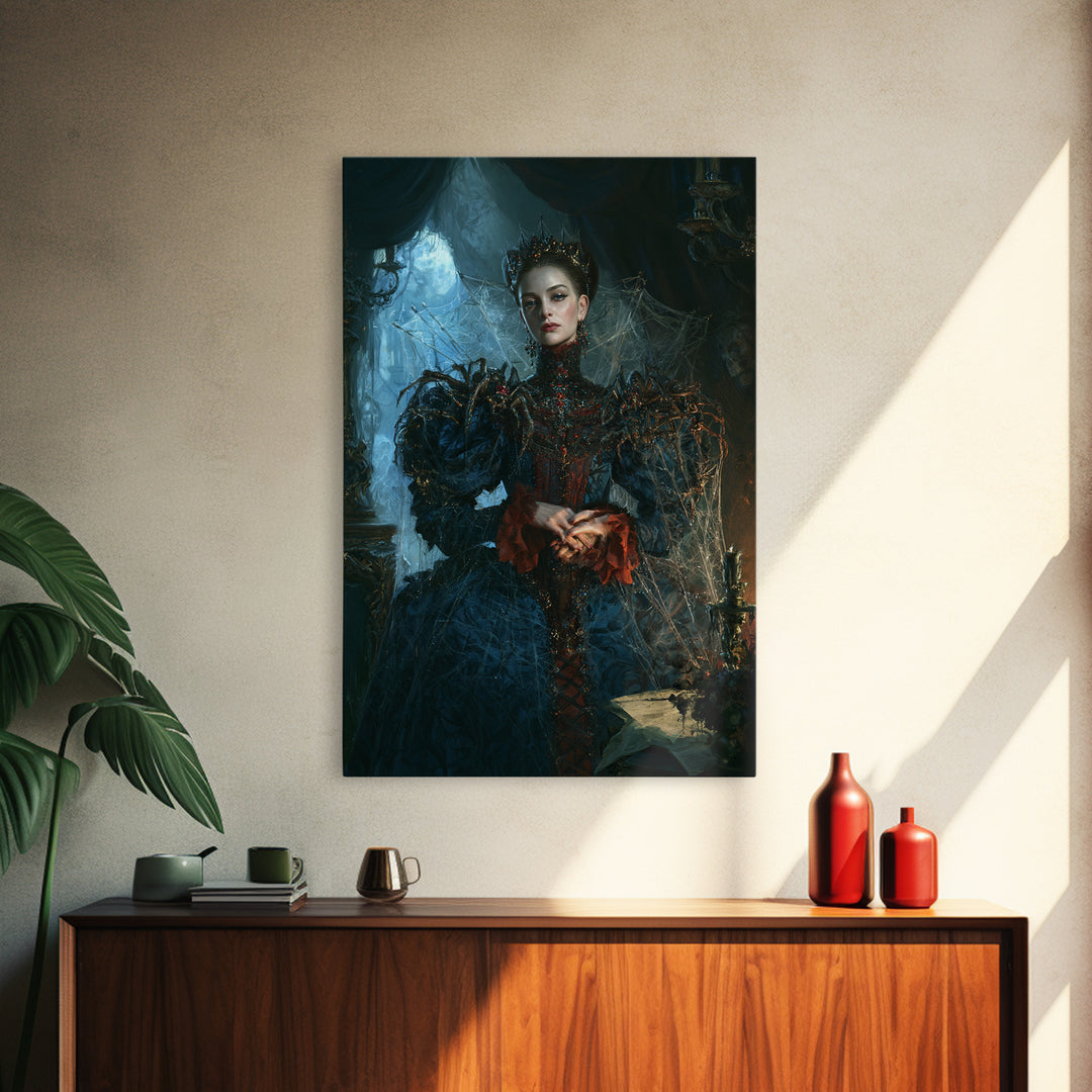 The Spider Queen, Antique Gothic Portrait, Vertical Wall Art, Framed Canvas Print, Gothic Wall Decor, Halloween Portrait Art