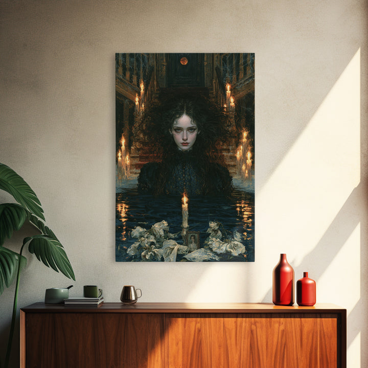 The Lake Phantom, Antique Gothic Portrait, Vertical Wall Art, Framed Canvas Print, Gothic Wall Decor, Halloween Portrait Art