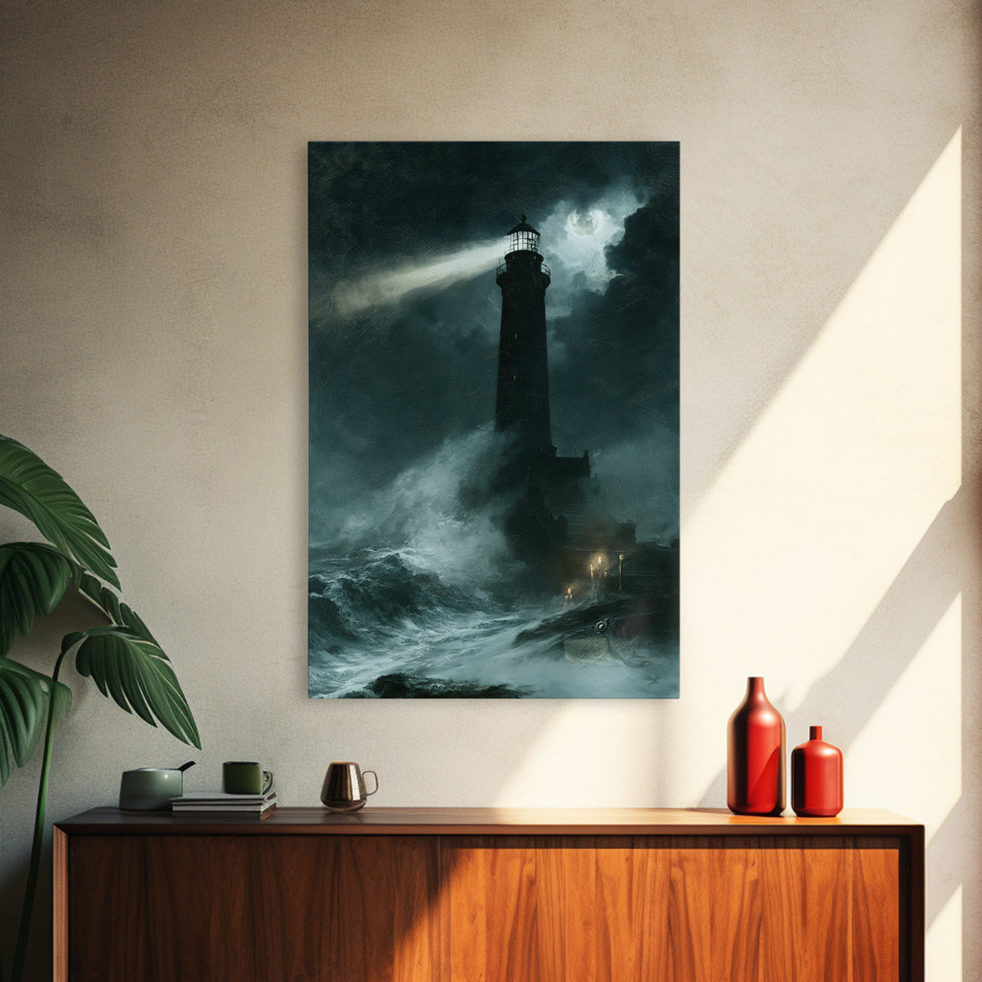 The Cursed Lighthouse, Macabre Victorian Decor, Vertical Wall Art, Framed Canvas Print, Gothic Wall Decor, Halloween Portrait Art